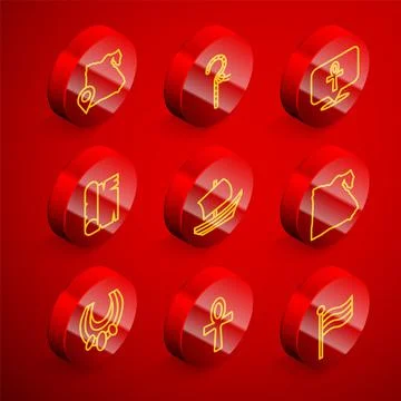 Set line Map of Egypt, Crook, Cross ankh, Papyrus scroll, Egyptian ship Stock Illustration