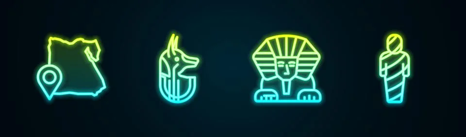 Set line Map of Egypt, Egyptian anubis, Sphinx and mummy. Glowing neon icon.. Stock Illustration