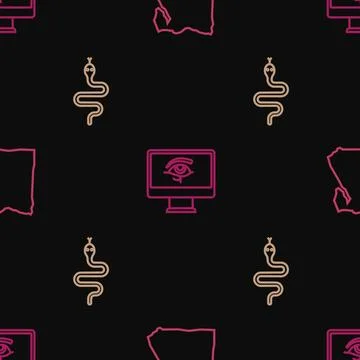 Set line Map of Egypt, Snake and Eye Horus on monitor on seamless pattern. .. Stock Illustration
