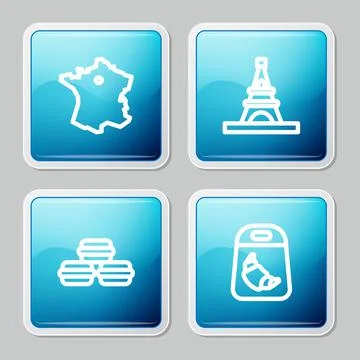 Set line Map of France, Eiffel tower, Macaron cookie and Croissant package icon Stock Illustration