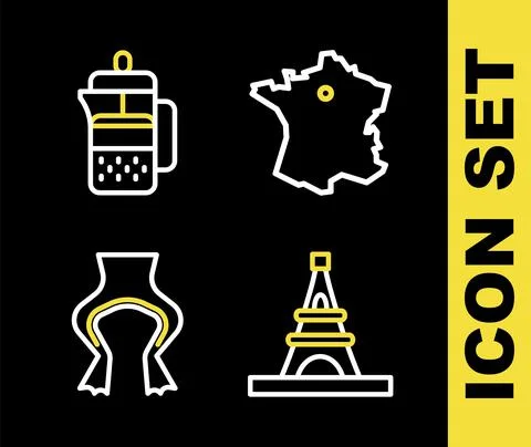 Set line Map of France, Eiffel tower, Frog legs and French press icon. Vector Illustrazione stock