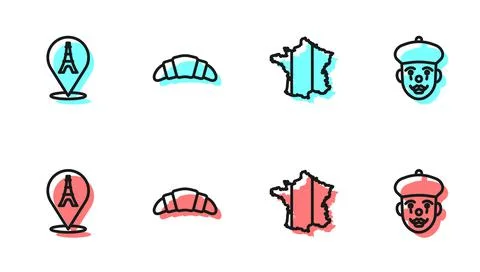 Set line Map of France, Eiffel tower, Croissant and French mime icon. Vector Illustrazione stock