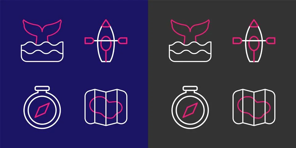 Set line Map of Iceland, Compass, Kayak paddle and Whale tail icon. Vector イラスト素材