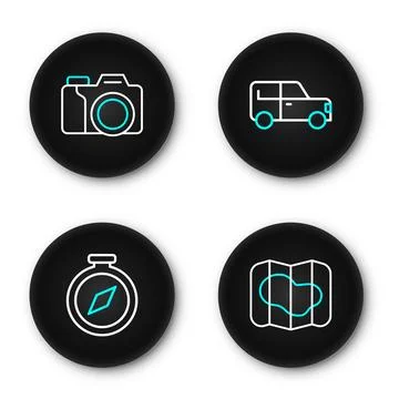 Set line Map of Iceland, Compass, Car and Photo camera icon. Vector 스톡 일러스트