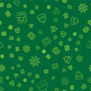 Set line Map of Iceland, Ship steering wheel and Beanie hat on seamless pattern Illustrazione stock