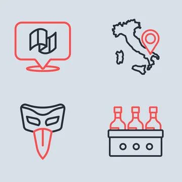 Set line Map of Italy, Carnival mask, Bottles wine and Flag icon. Vector Stock Illustration