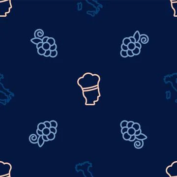 Set line Map of Italy, Grape fruit and Italian cook on seamless pattern. Vector Illustrazione stock