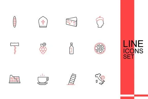 Set line Map of Italy Leaning tower in Pisa Coffee cup Coliseum Pizza Bottle  Ilustración de archivo