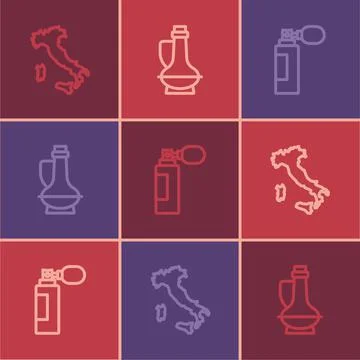 Set line Map of Italy, Perfume and Bottle olive oil icon. Vector Illustration
