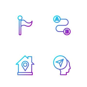 Set line Map marker with human, Location house, Flag and Route location Stock Illustration