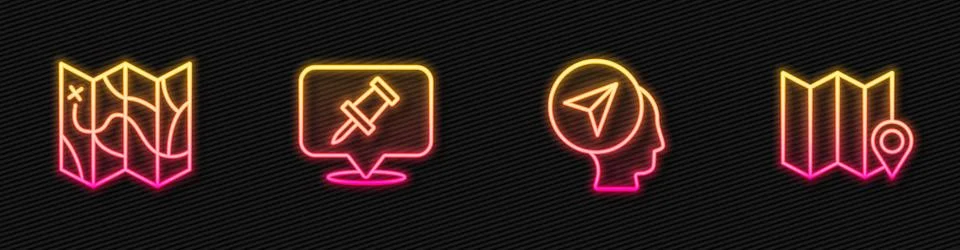 Set line Map marker with human, Folded map, Push pin and location. Glowing neon Stock Illustration