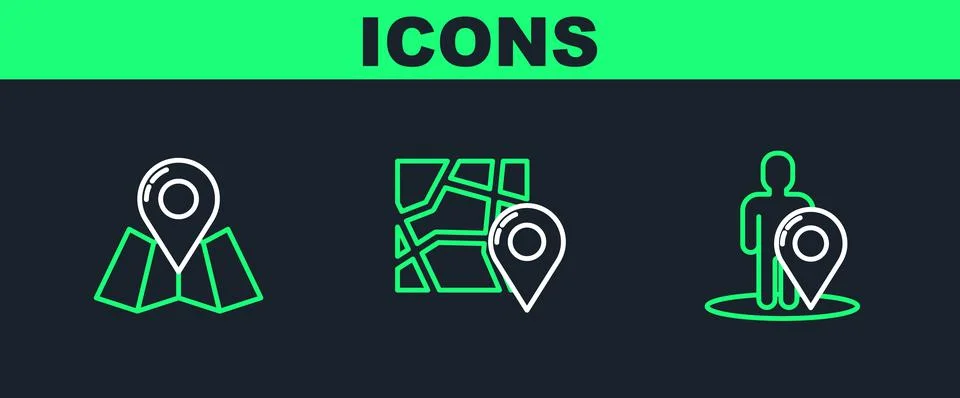 Set line Map marker with a silhouette of a person, Folded map location and  i Stock Illustration