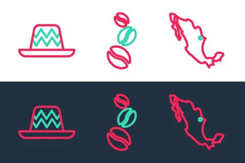 Set line Map of mexican, Mexican sombrero and Coffee beans icon. Vector Stock Illustration