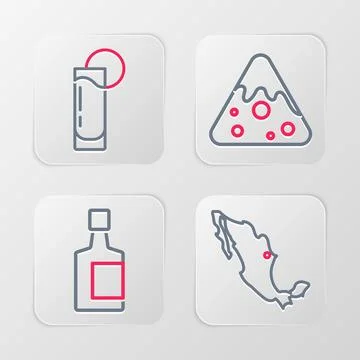 Set line Map of mexican, Tequila bottle, Nachos and glass with lemon icon. .. Stock Illustration