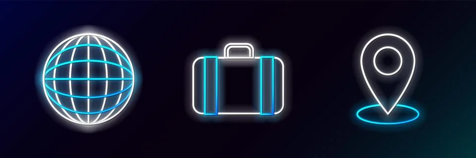 Set line Map pin, Earth globe and Suitcase for travel icon. Glowing neon. Vector Illustrazione stock