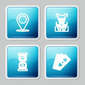 Set line Map pin, Face recognition, Old hourglass and Stacks paper money cash Illustrazione stock