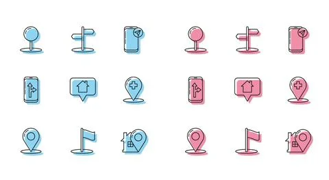 Set line Map pin, Flag, Push, pointer with house, Medical map cross hospital Stock Illustration
