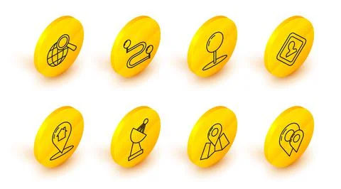 Set line Map pin, Folded map with location marker, Radar, pointer house, Road 스톡 일러스트