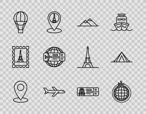 Set line Map pin, Globe with flying plane, Mountains, Plane, Hot air balloon Stock Illustration
