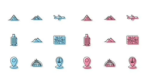 Set line Map pin, Globe with flying plane, Tourist tent, pointer Eiffel tower Stock Illustration