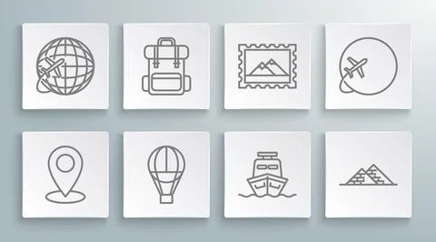Set line Map pin, Hiking backpack, Hot air balloon, Ship, Egypt pyramids, Postal Stock Illustration