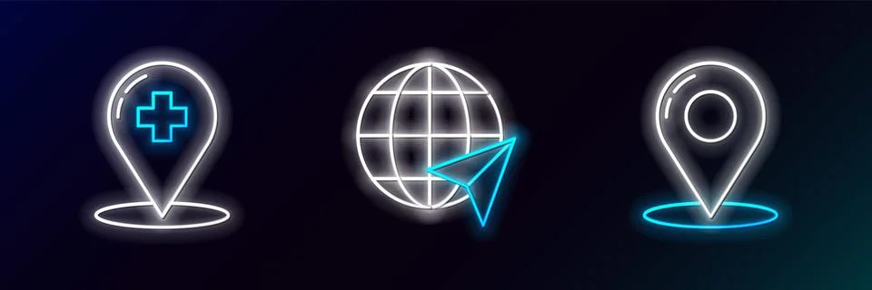 Set line Map pin, Location on the globe and  icon. Glowing neon. Vector Illustrazione stock