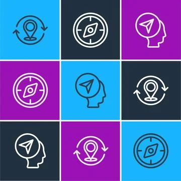 Set line Map pin, marker with human and Compass icon. Vector イラスト素材