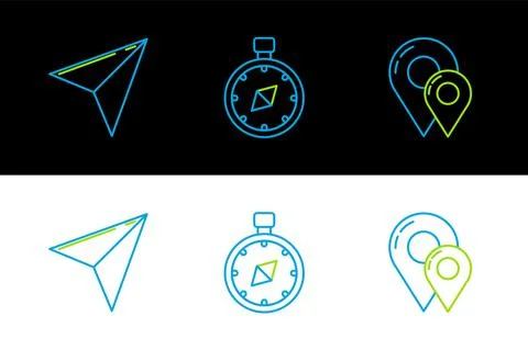 Set line Map pin, Paper airplane and Compass icon. Vector Illustrazione stock