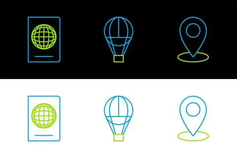 Set line Map pin, Passport with biometric data and Hot air balloon icon. Vect Illustrazione stock