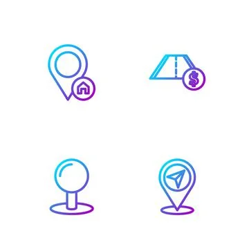 Set line Map pin, Push, Location with house and Toll road traffic. Gradient c Ilustração Stock