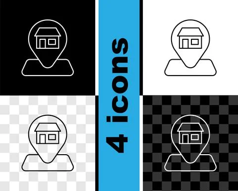 Set line Map pin with Shopping building or market store icon isolated on black Ilustración de archivo