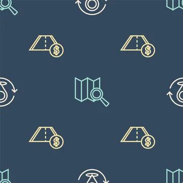 Set line Map pin, Toll road traffic and Search location on seamless pattern Illustrazione stock