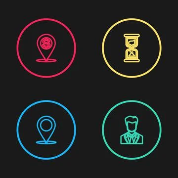 Set line Map pin, User of man business suit, Old hourglass and Cash location Ilustração Stock