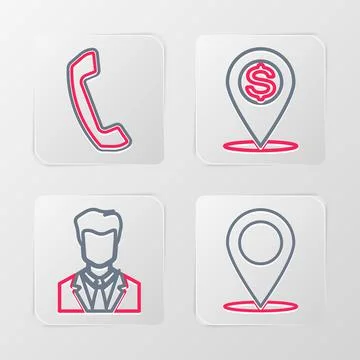 Set line Map pin, User of man business suit, Cash location and Telephone hand Ilustração Stock