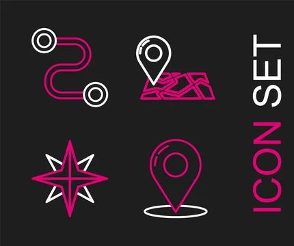 Set line Map pin, Wind rose, Folded map with location marker and Route icon Stock Illustration