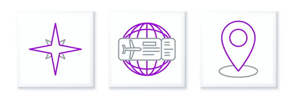 Set line Map pin, Wind rose and Airline ticket icon. Vector Stock Illustration
