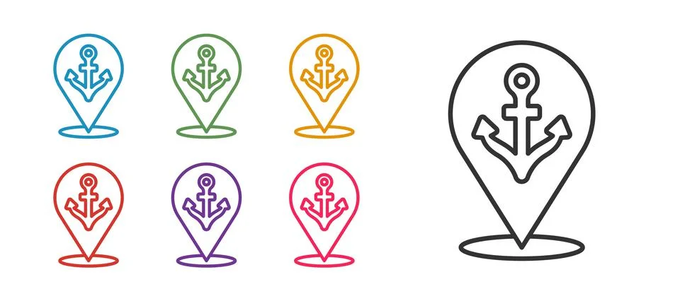 Set line Map pointer with anchor icon isolated on white background. Set icons Stock Illustration