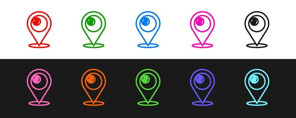 Set line Map pointer with billiard pool snooker ball with number 8 icon isolated Stock Illustration