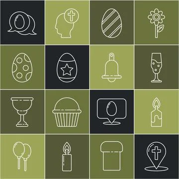 Set line Map pointer with christian cross, Burning candle, Wine glass, Easter Illustrazione stock