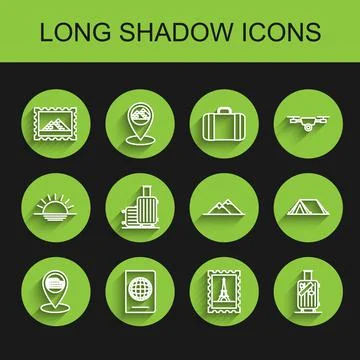 Set line Map pointer with Coliseum in Rome, Italy, Passport biometric data Illustrazione stock