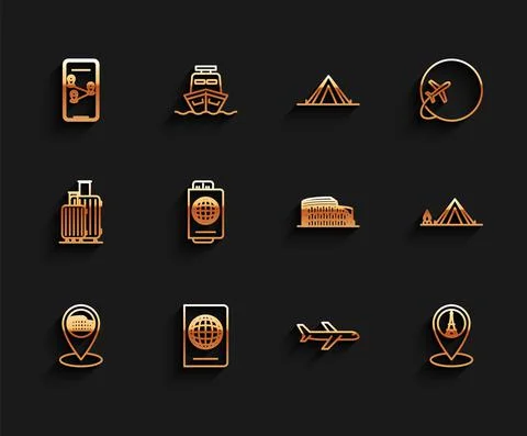 Set line Map pointer with Coliseum in Rome, Italy, Passport biometric data Illustrazione stock