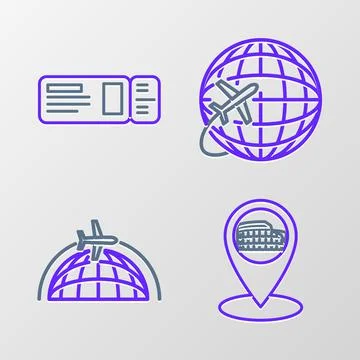 Set line Map pointer with Coliseum in Rome, Italy, Globe flying plane, and Illustrazione stock