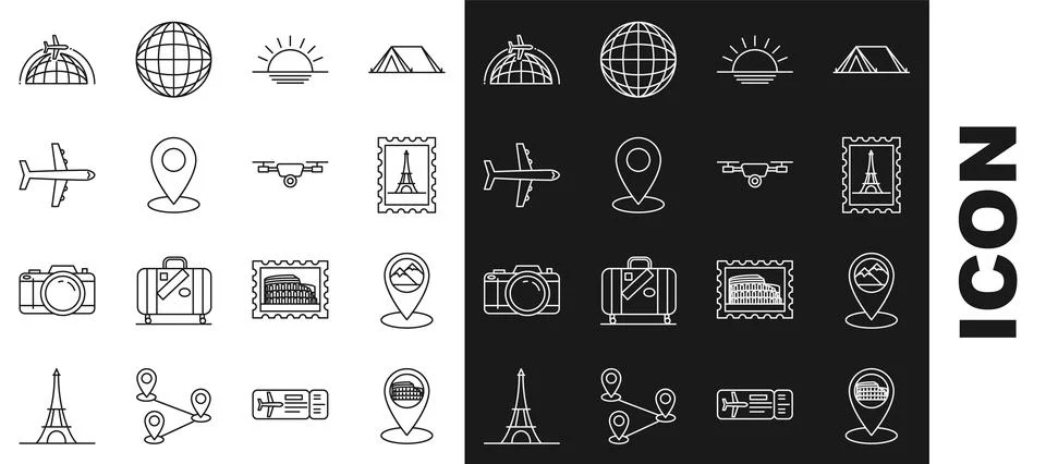 Set line Map pointer with Coliseum in Rome, Italy, mountain, Postal stamp and Stock Illustration