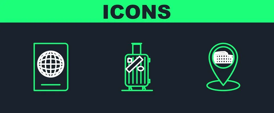 Set line Map pointer with Coliseum in Rome, Italy, Passport biometric data and Illustrazione stock