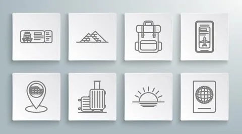 Set line Map pointer with Coliseum in Rome, Sunset, Passport biometric data.. Illustrazione stock