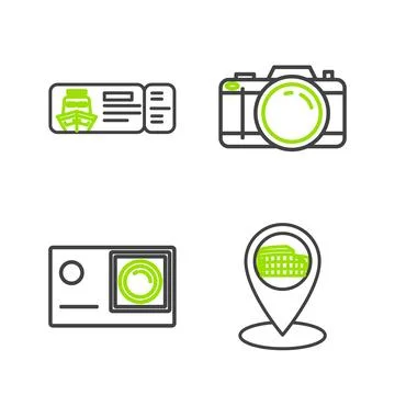 Set line Map pointer with Coliseum in Rome, Italy, Action extreme camera, P.. 库存插图