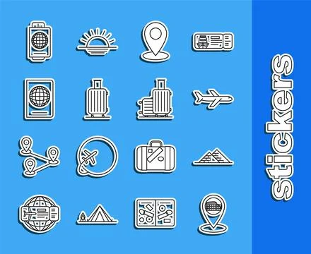 Set line Map pointer with Coliseum in Rome, Italy, Egypt pyramids, Plane, p.. Stock Illustration