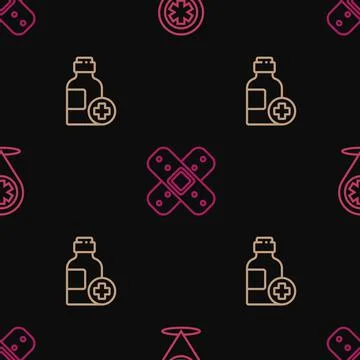 Set line Map pointer with cross hospital, Bottle of medicine syrup and Crossed 스톡 일러스트