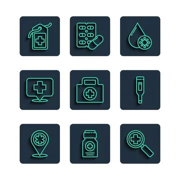 Set line Map pointer with cross hospital, Medicine bottle, Magnifying glass for イラスト素材