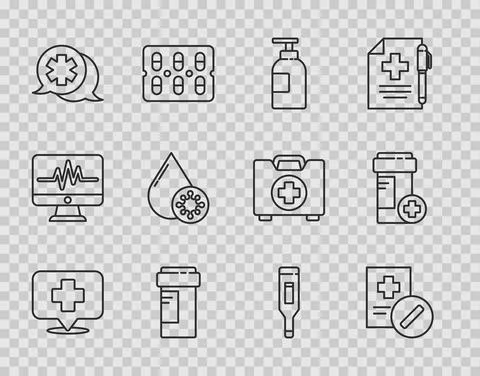 Set line Map pointer with cross hospital, Medical prescription, Hand sanitizer Stock Illustration